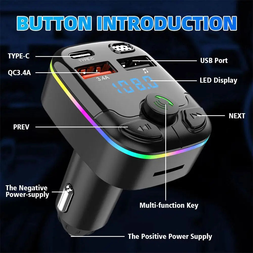 Bluetooth 5.0 Car FM Transmitter PD Type-C Dual USB Ambient Player MP3 Charger Type-C Wireless Light 18W Handsfree PD QC3.0 Y3Z4