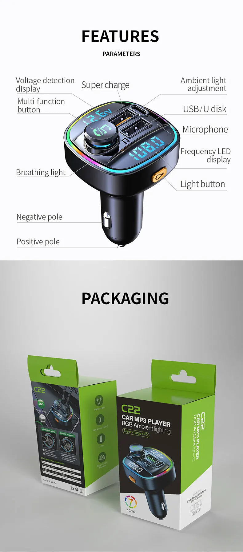 Bluetooth 5.0 FM Transmitter Handsfree Car Radio Modulator MP3 Player With 22.5W USB Super Quick Charge Adapter for Car