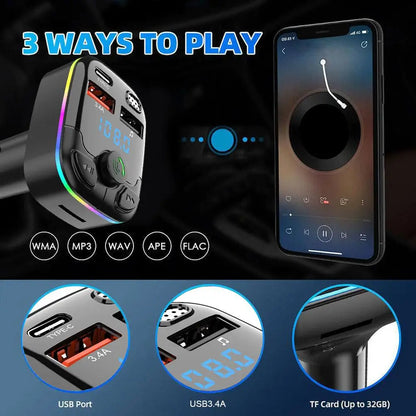 Bluetooth 5.0 Car FM Transmitter PD Type-C Dual USB Ambient Player MP3 Charger Type-C Wireless Light 18W Handsfree PD QC3.0 Y3Z4