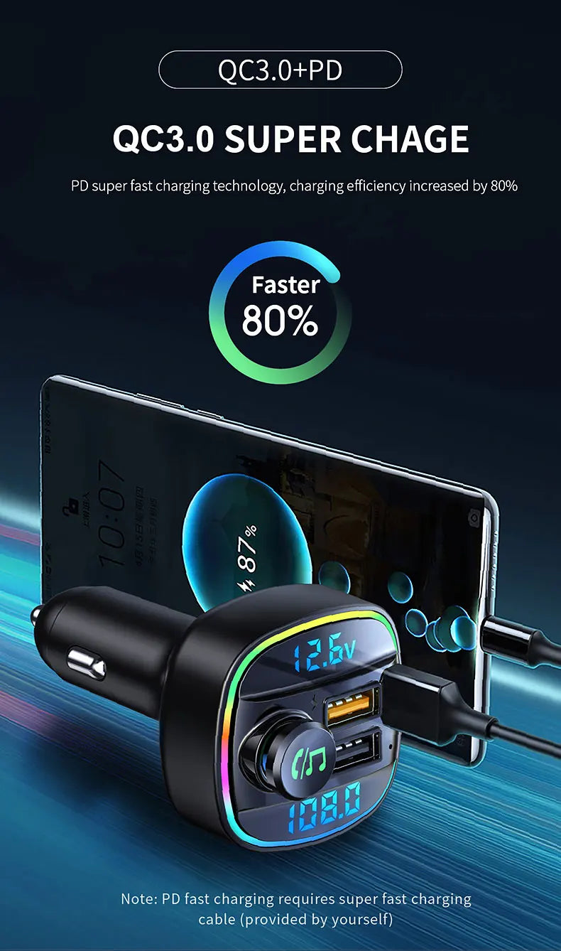 Bluetooth 5.0 FM Transmitter Handsfree Car Radio Modulator MP3 Player With 22.5W USB Super Quick Charge Adapter for Car